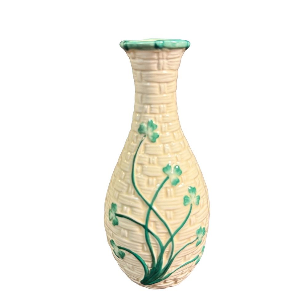 Vintage Shamrock Basketweave Ceramic Bud Vase Green Cream Irish St Patricks Day